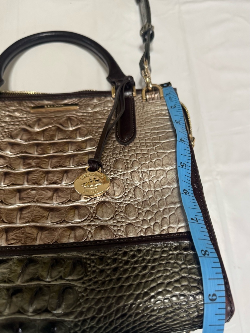 Brahmin Caroline Silver Taupe, Olive & Dark Brown Croc-Embossed Satchel - Picture 8 of 9
